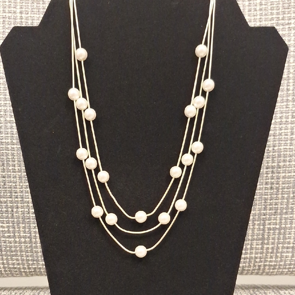 White Pearl Triple Strand Necklace